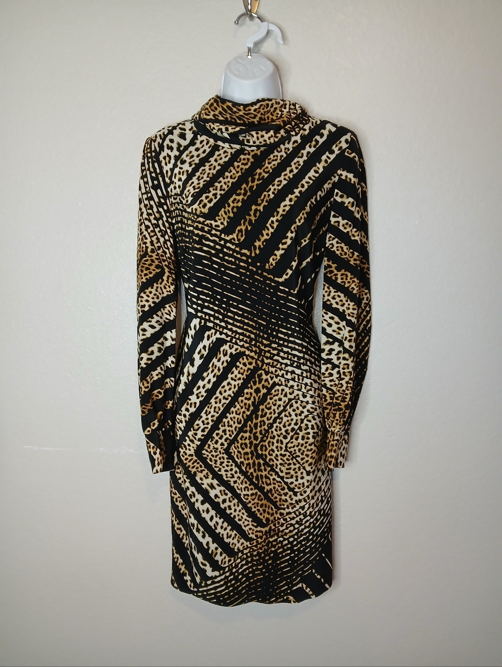 Per Se 100% Silk Cheetah Print Long Sleeve Mock Neck Dress Size 6